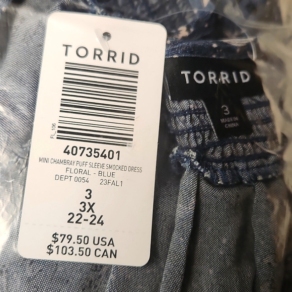 ❤️NWT VINTAGE TORRID FLORAL MINI DRESS - PUFF SLEEVE CHAMBRAY, POCKETS - SIZE 3X - Picture 6 of 9